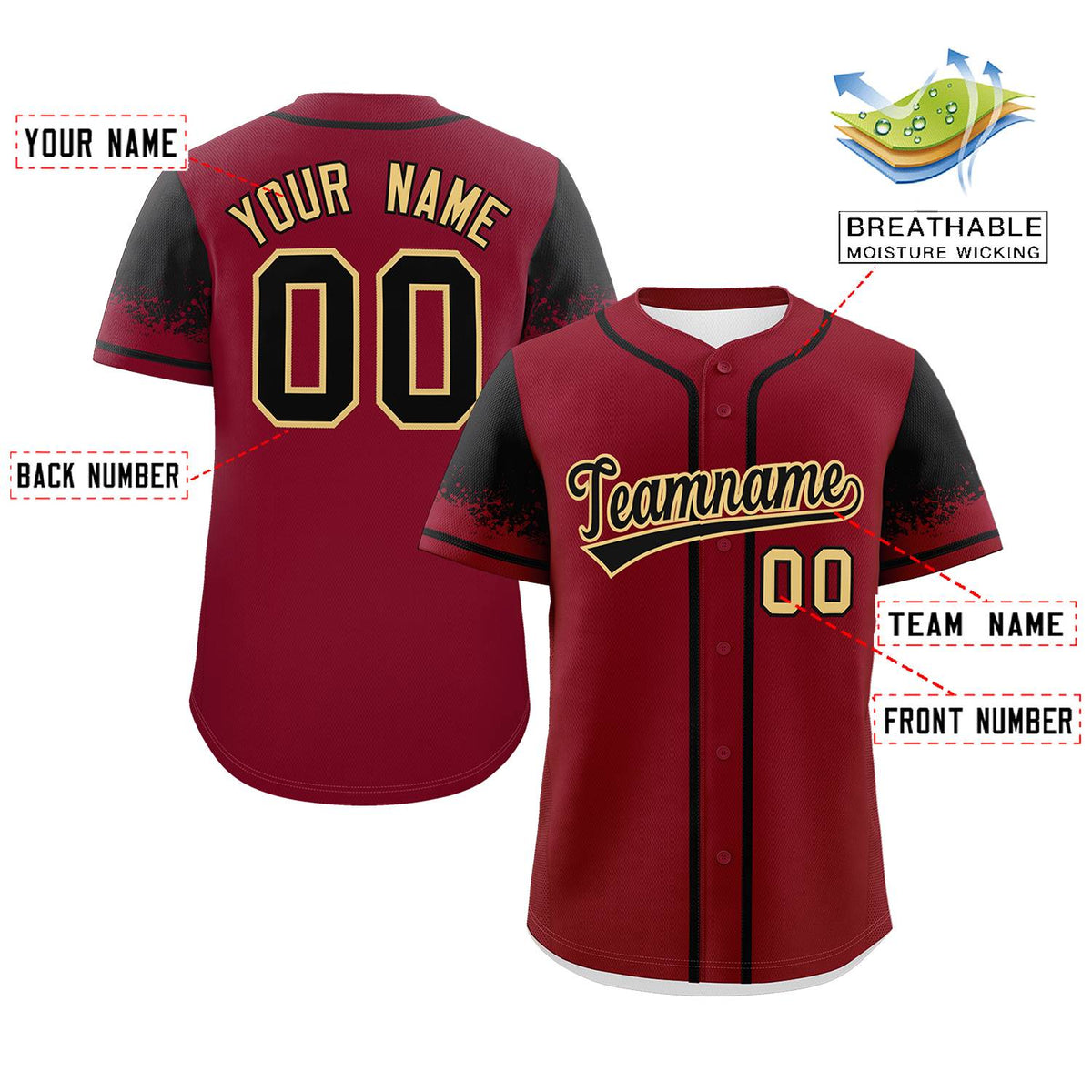 Custom Crimson Black Personalized Raglan Sleeves Design Authentic Baseball Jersey Limited