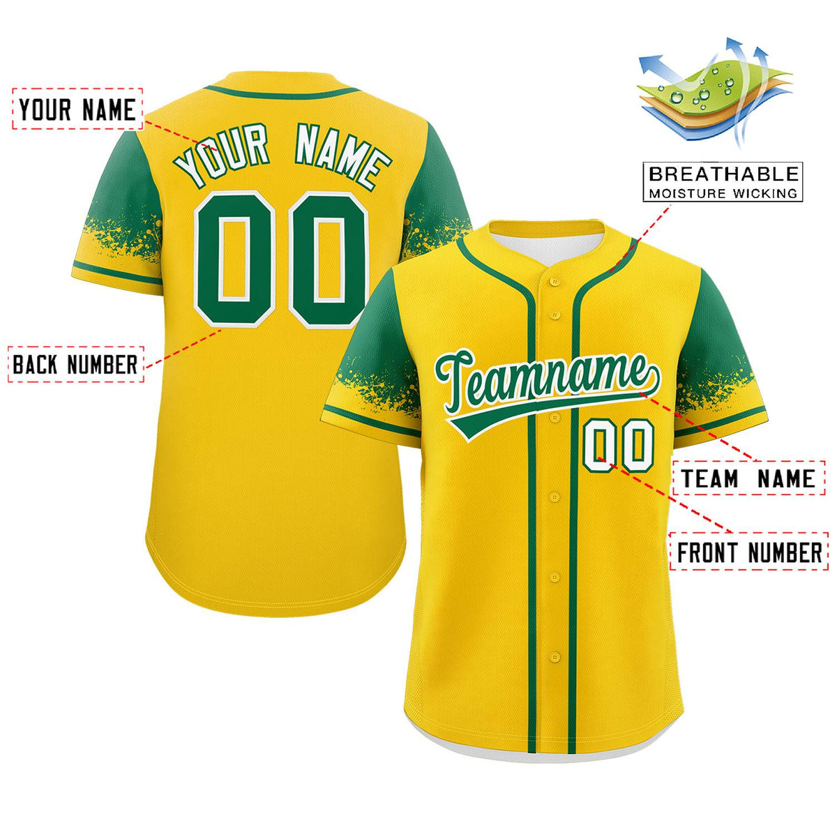 Custom Gold Kelly Green Personalized Raglan Sleeves Design Authentic Baseball Jersey Limited