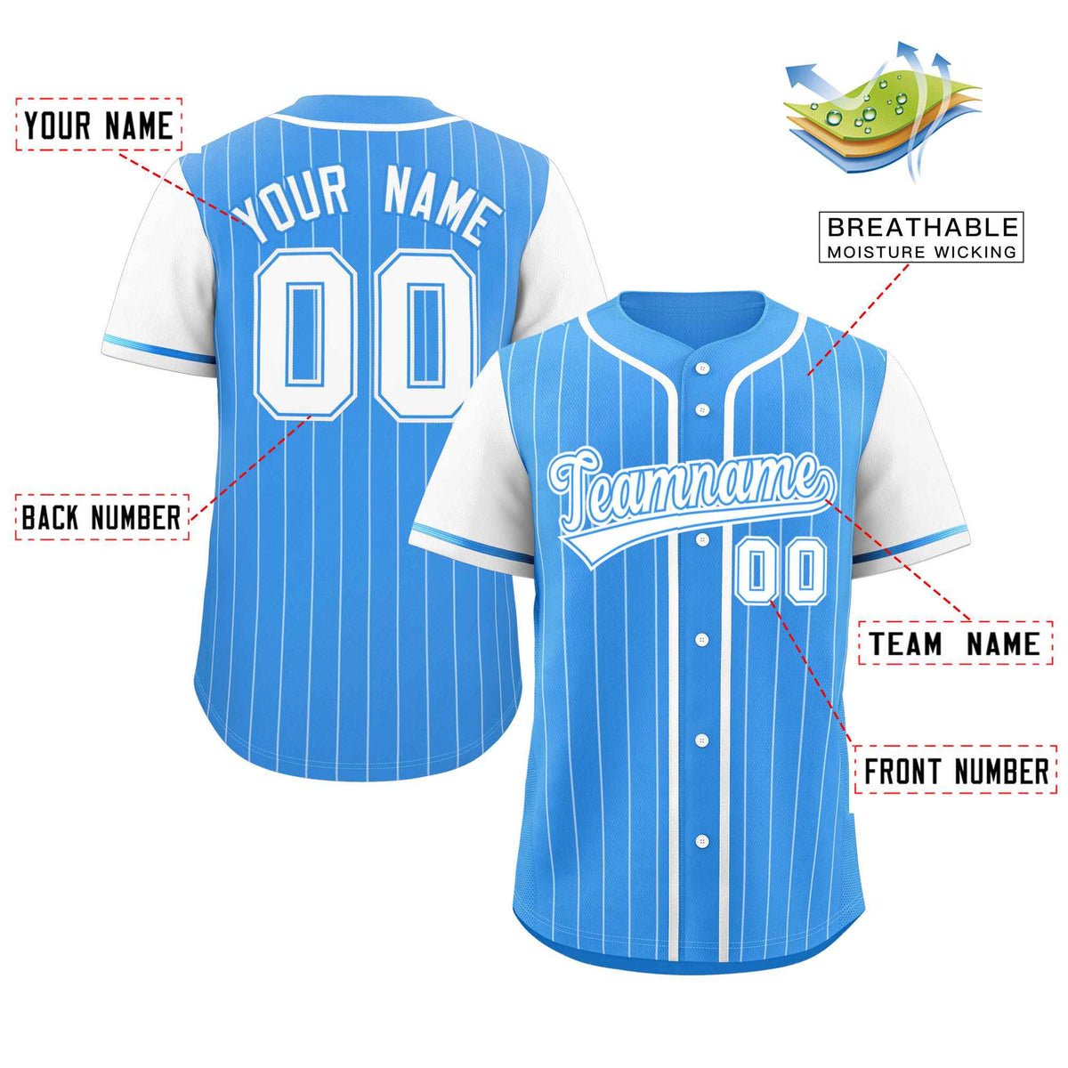 Custom Powder Blue White Stripe Fashion Raglan Sleeves Authentic Baseball Jersey Limited
