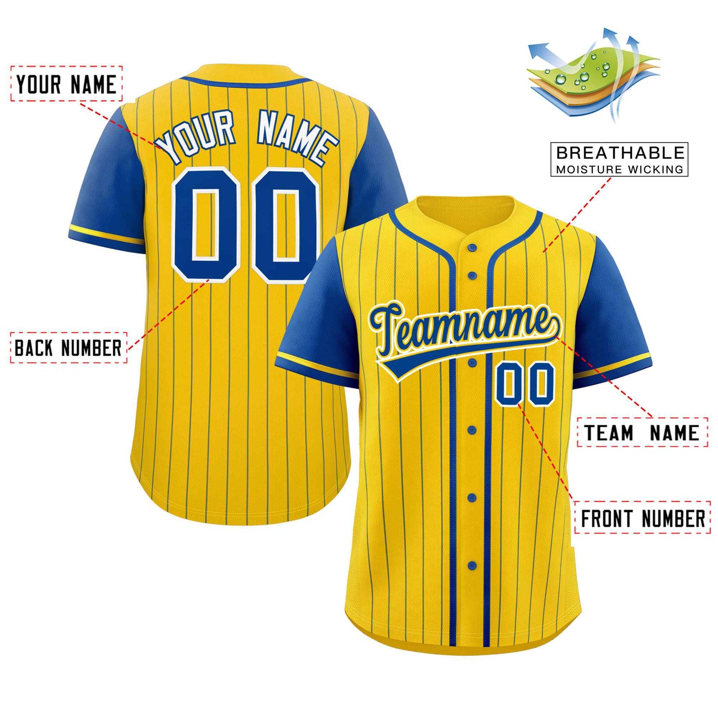 Custom Gold Royal Stripe Fashion Raglan Sleeves Authentic Baseball Jersey Limited