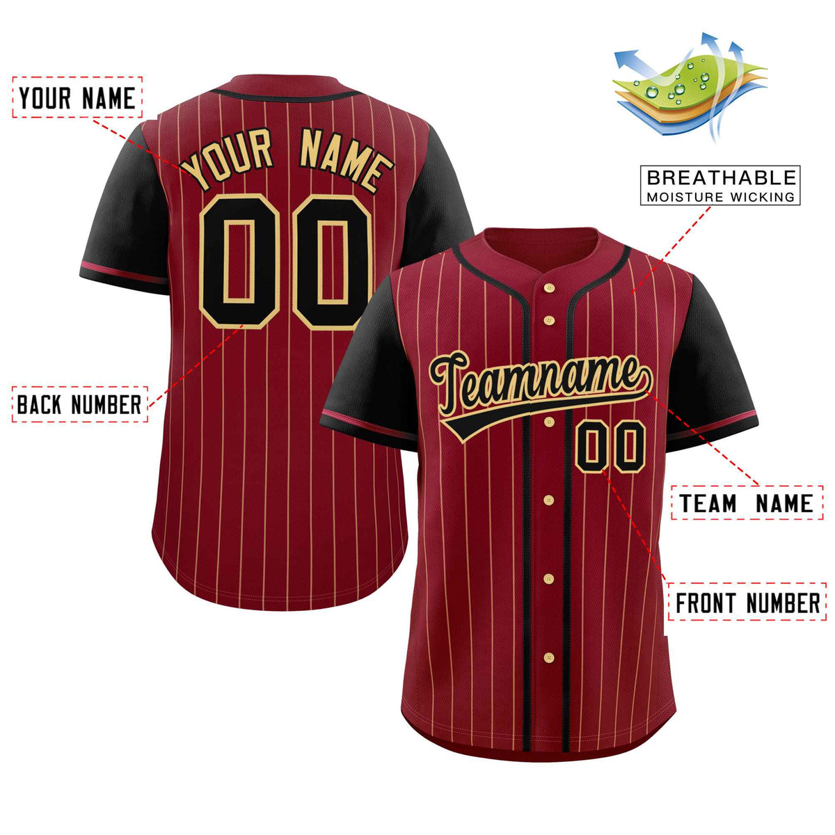Custom Crimson Black-Khaki Stripe Fashion Raglan Sleeves Authentic Baseball Jersey Limited