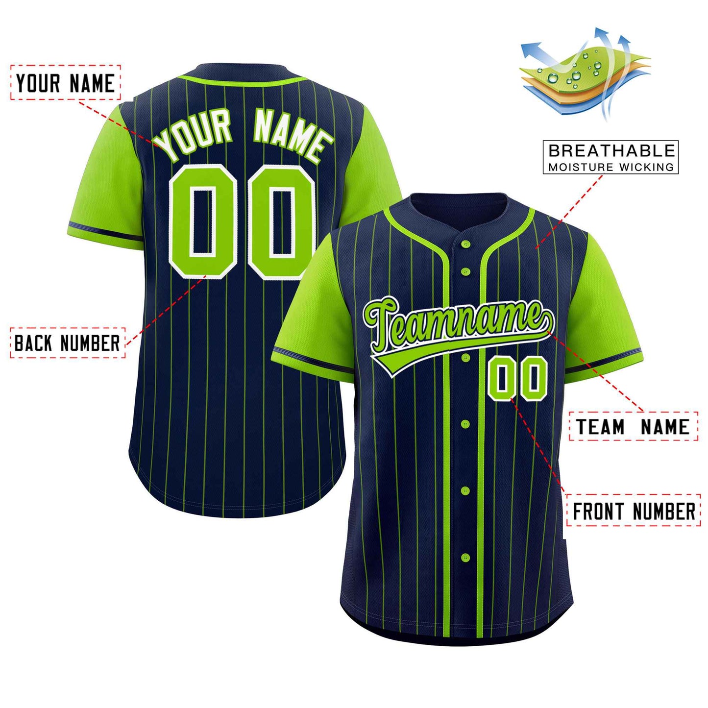 Custom Navy Neon Green Stripe Fashion Raglan Sleeves Authentic Baseball Jersey Limited