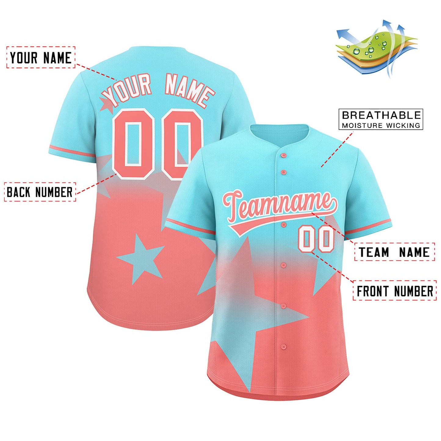 Custom Aqua Lt Red Gradient Star Graffiti Pattern Authentic Baseball Jersey Limited