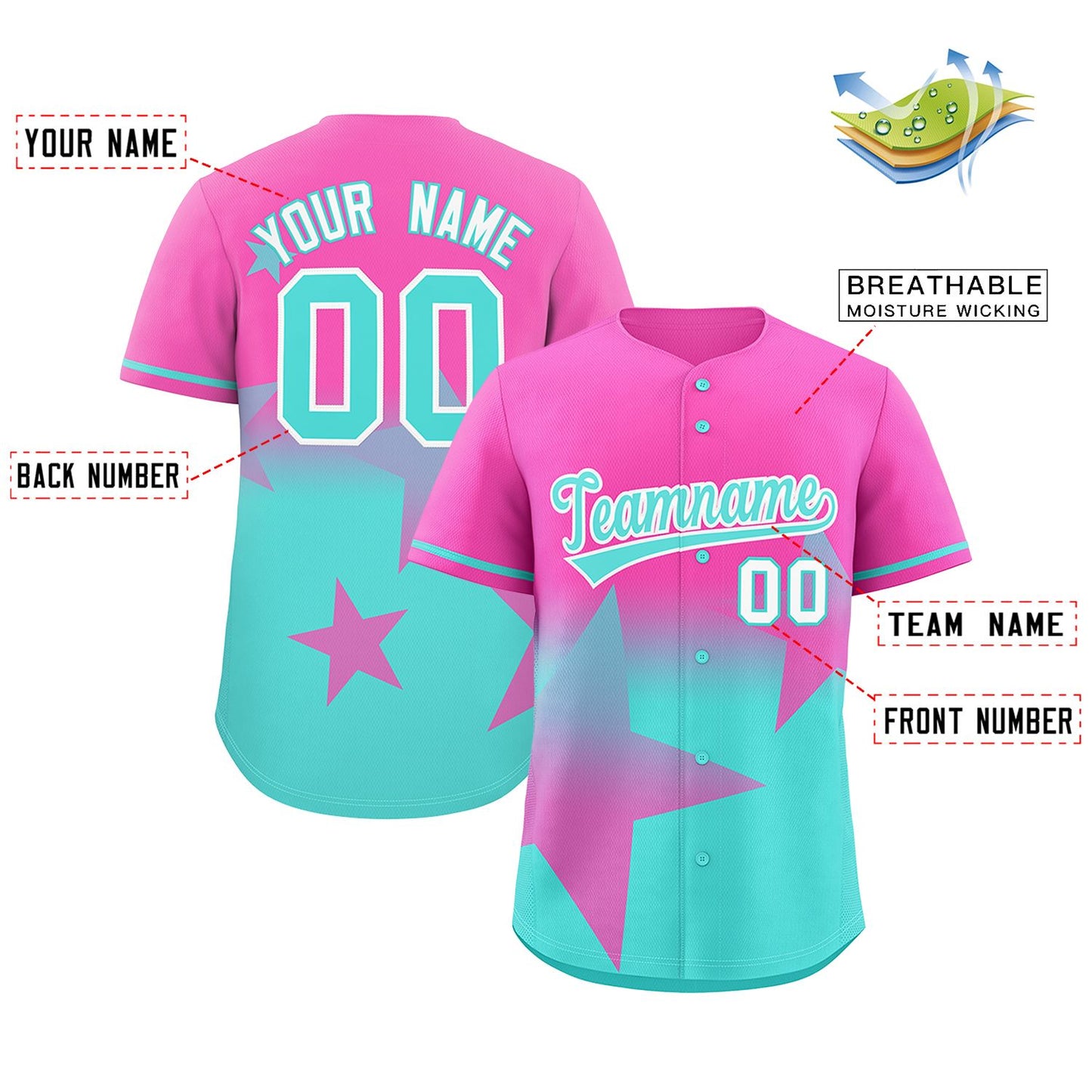 Custom Pink Aqua Gradient Star Graffiti Pattern Authentic Baseball Jersey Limited
