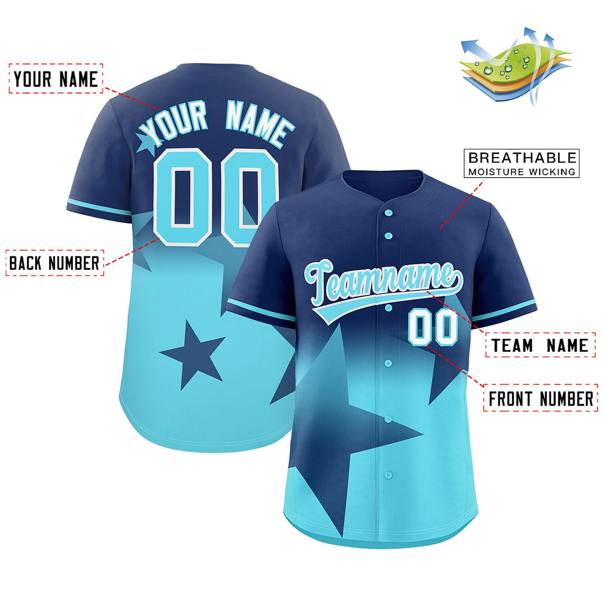 Custom Navy-Sky Blue Gradient Star Graffiti Pattern Authentic Baseball Jersey Limited