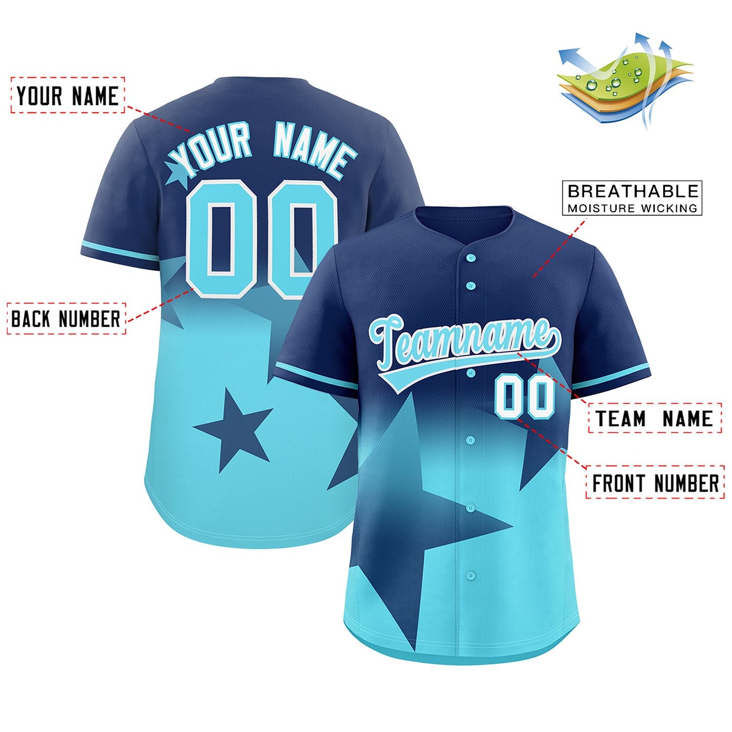 Custom Navy-Sky Blue Gradient Star Graffiti Pattern Authentic Baseball Jersey Limited
