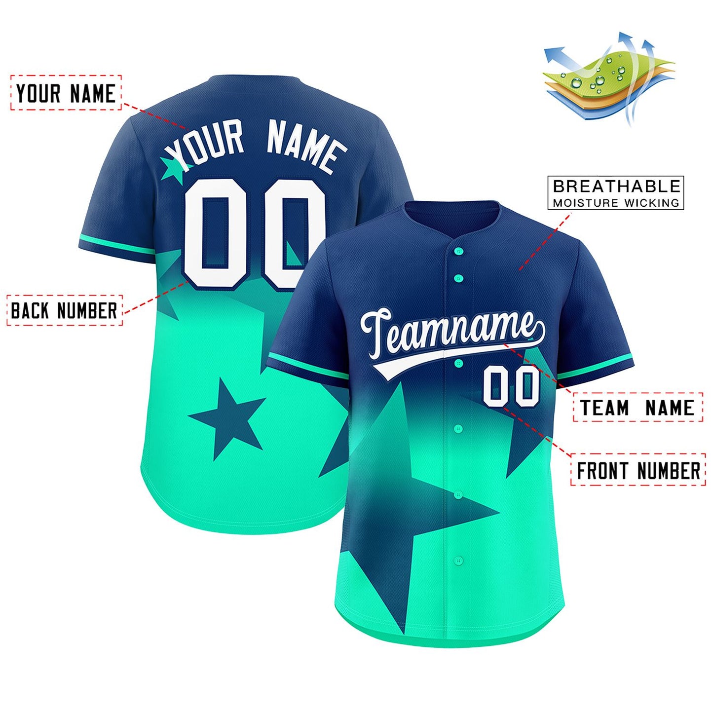 Custom Navy Lt Green Gradient Star Graffiti Pattern Authentic Baseball Jersey Limited