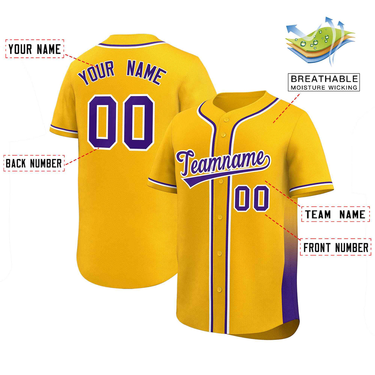 Custom Yellow Purple Personalized Gradient Side Design Authentic Baseball Jersey Limited