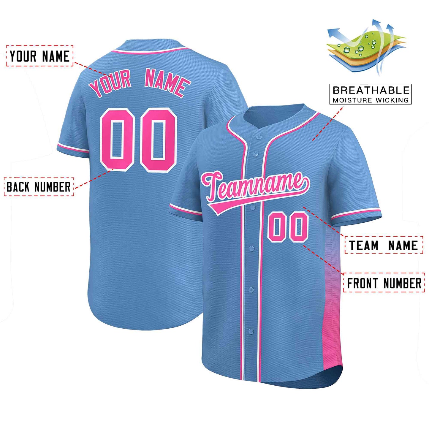Custom Light Blue Pink Personalized Gradient Side Design Authentic Baseball Jersey Limited