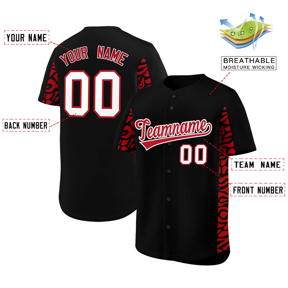 Custom Black Red Personalized Leopard Graffiti Pattern Side Design Authentic Baseball Jersey Limited