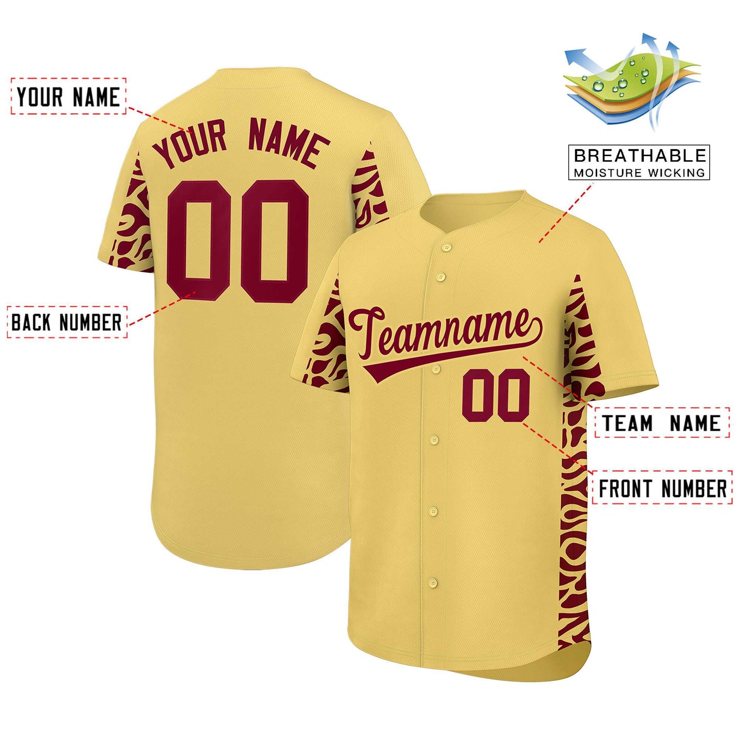 Custom Khaki Crimson Personalized Leopard Graffiti Pattern Side Design Authentic Baseball Jersey Limited