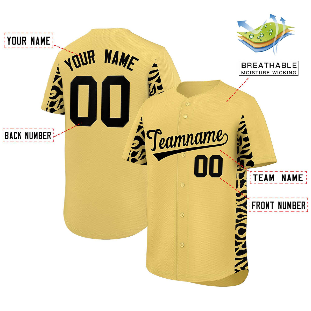 Custom Khaki Black Personalized Leopard Graffiti Pattern Side Design Authentic Baseball Jersey Limited