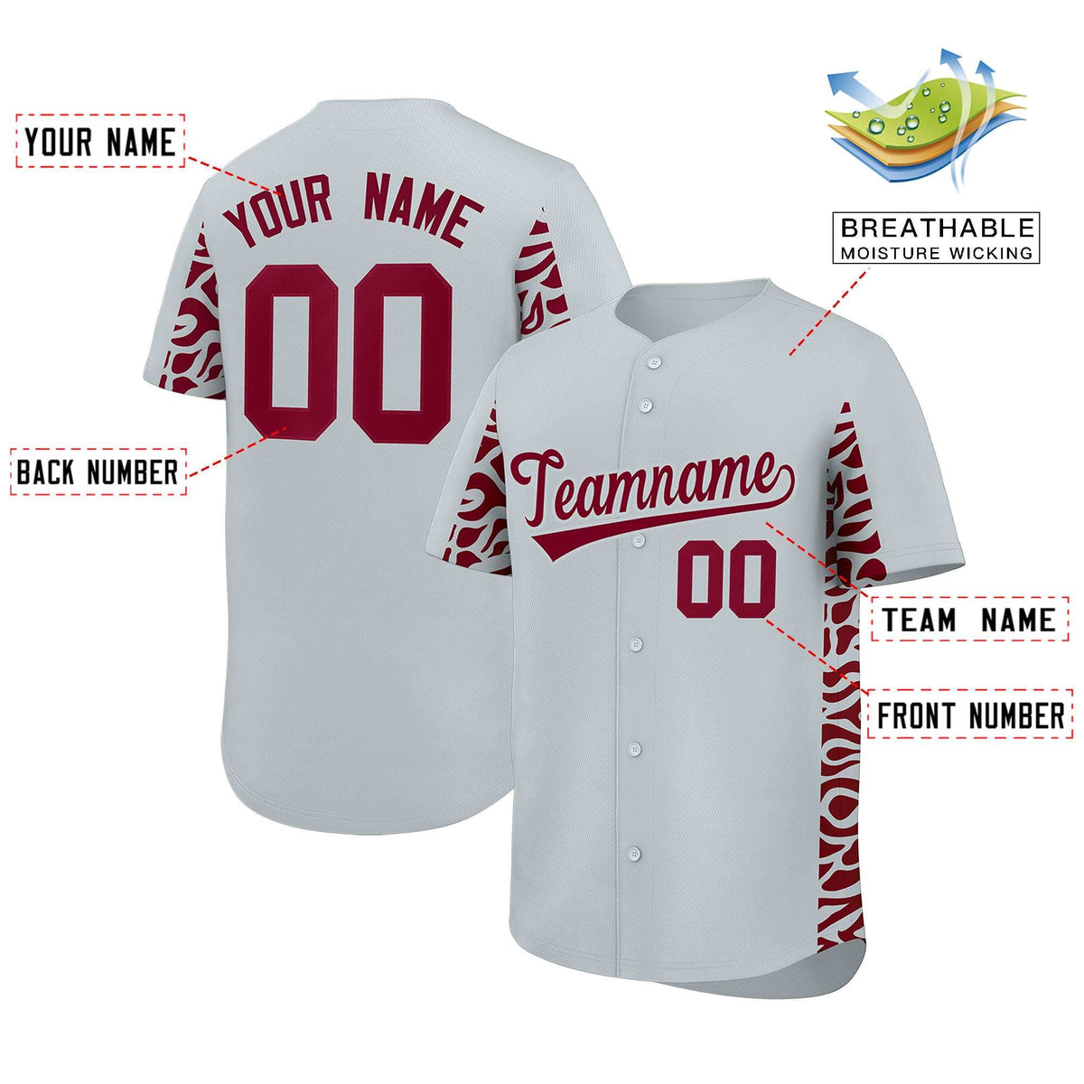 Custom Silver Crimson Personalized Leopard Graffiti Pattern Side Design Authentic Baseball Jersey Limited