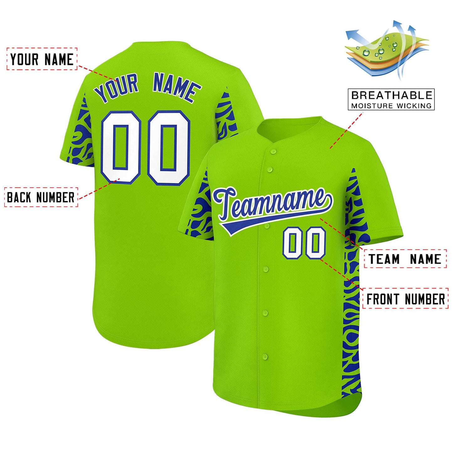 Custom Neon Green Royal Personalized Leopard Graffiti Pattern Side Design Authentic Baseball Jersey Limited