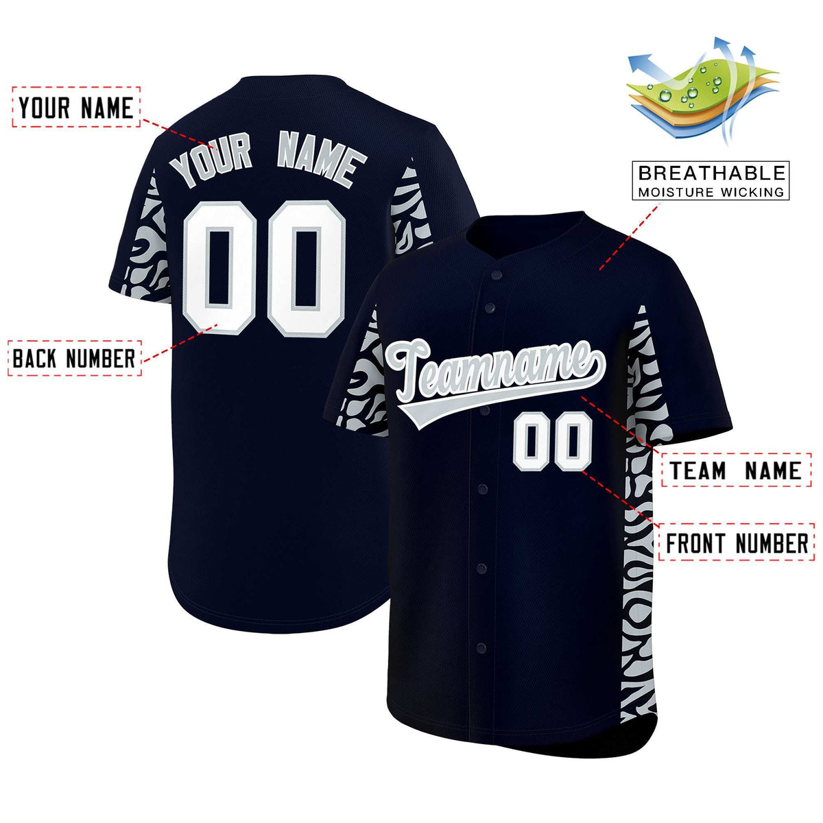 Custom Navy Silver Personalized Leopard Graffiti Pattern Side Design Authentic Baseball Jersey Limited