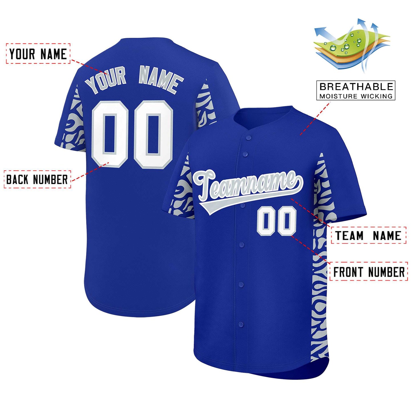 Custom Royal Silver Personalized Leopard Graffiti Pattern Side Design Authentic Baseball Jersey Limited