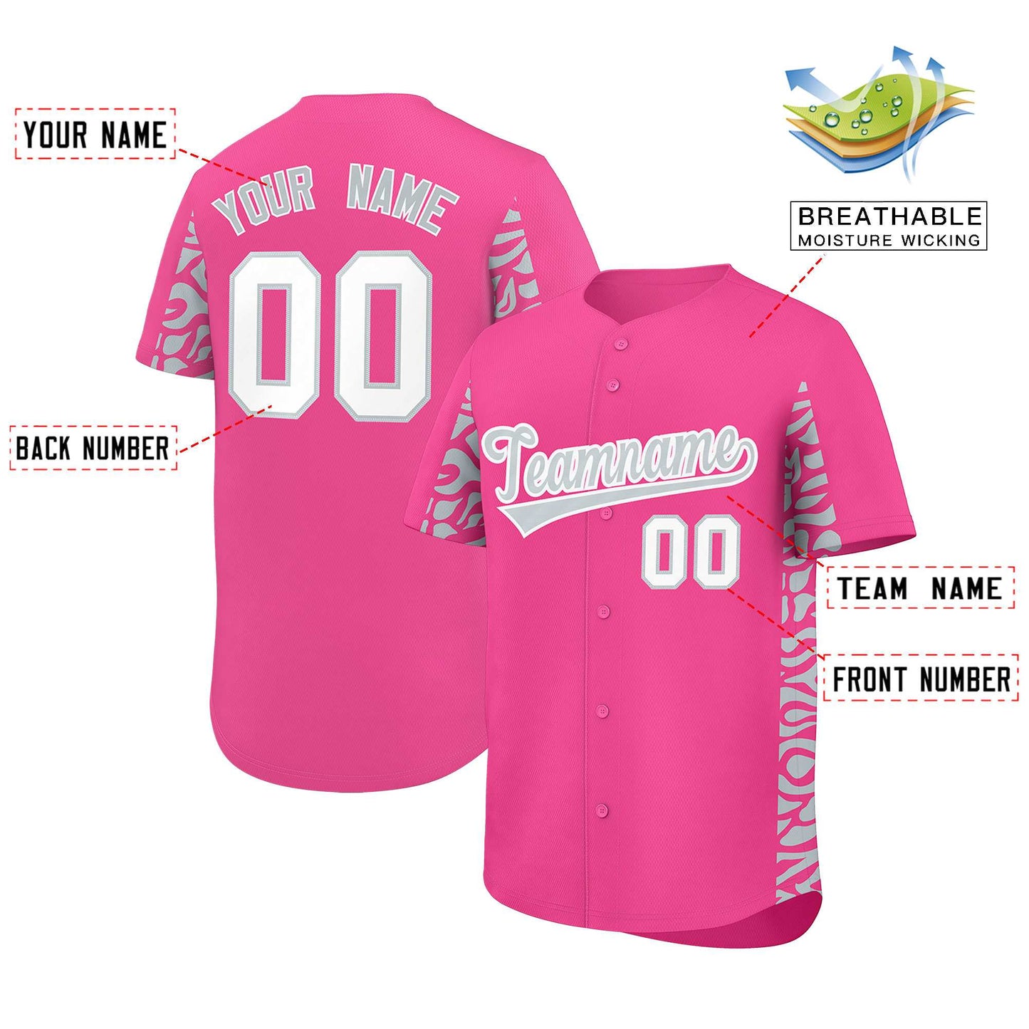 Custom Pink Silver Personalized Leopard Graffiti Pattern Side Design Authentic Baseball Jersey Limited