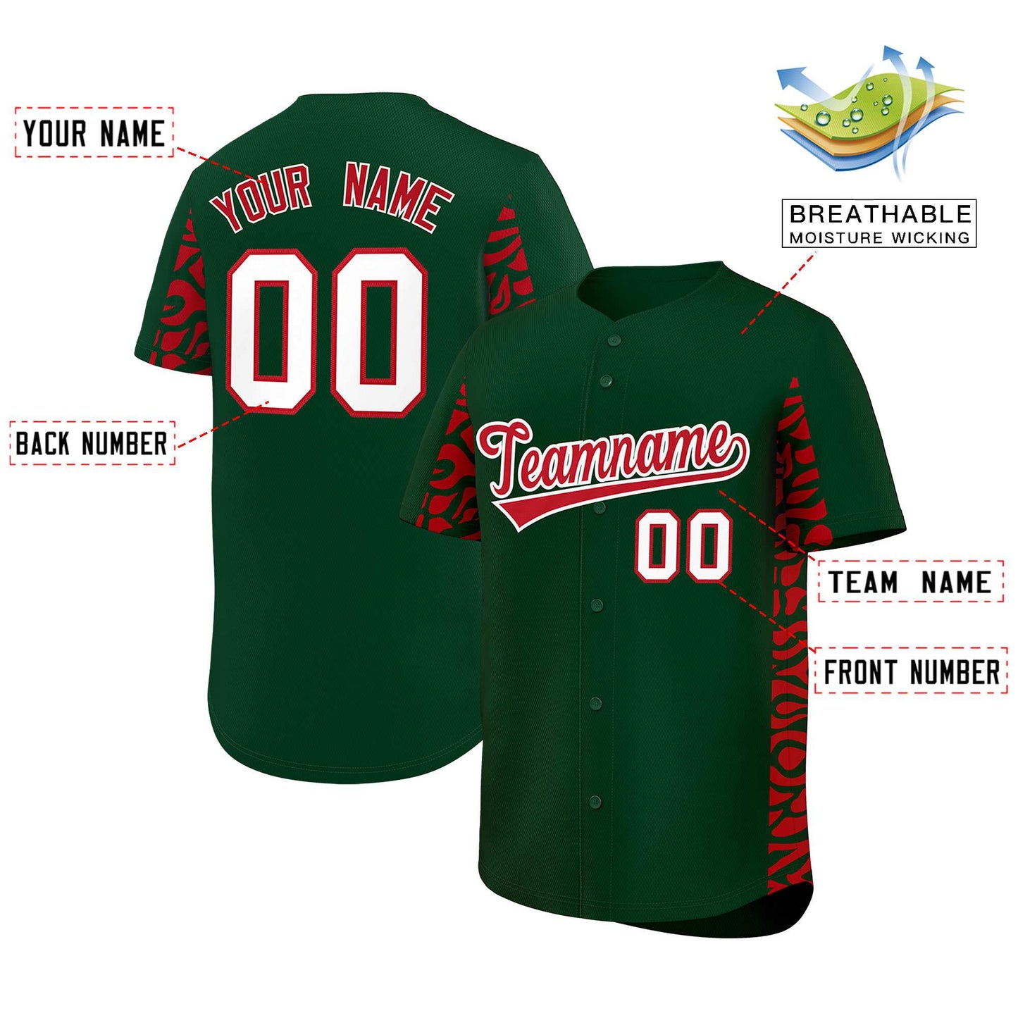 Custom Green Red Personalized Leopard Graffiti Pattern Side Design Authentic Baseball Jersey Limited