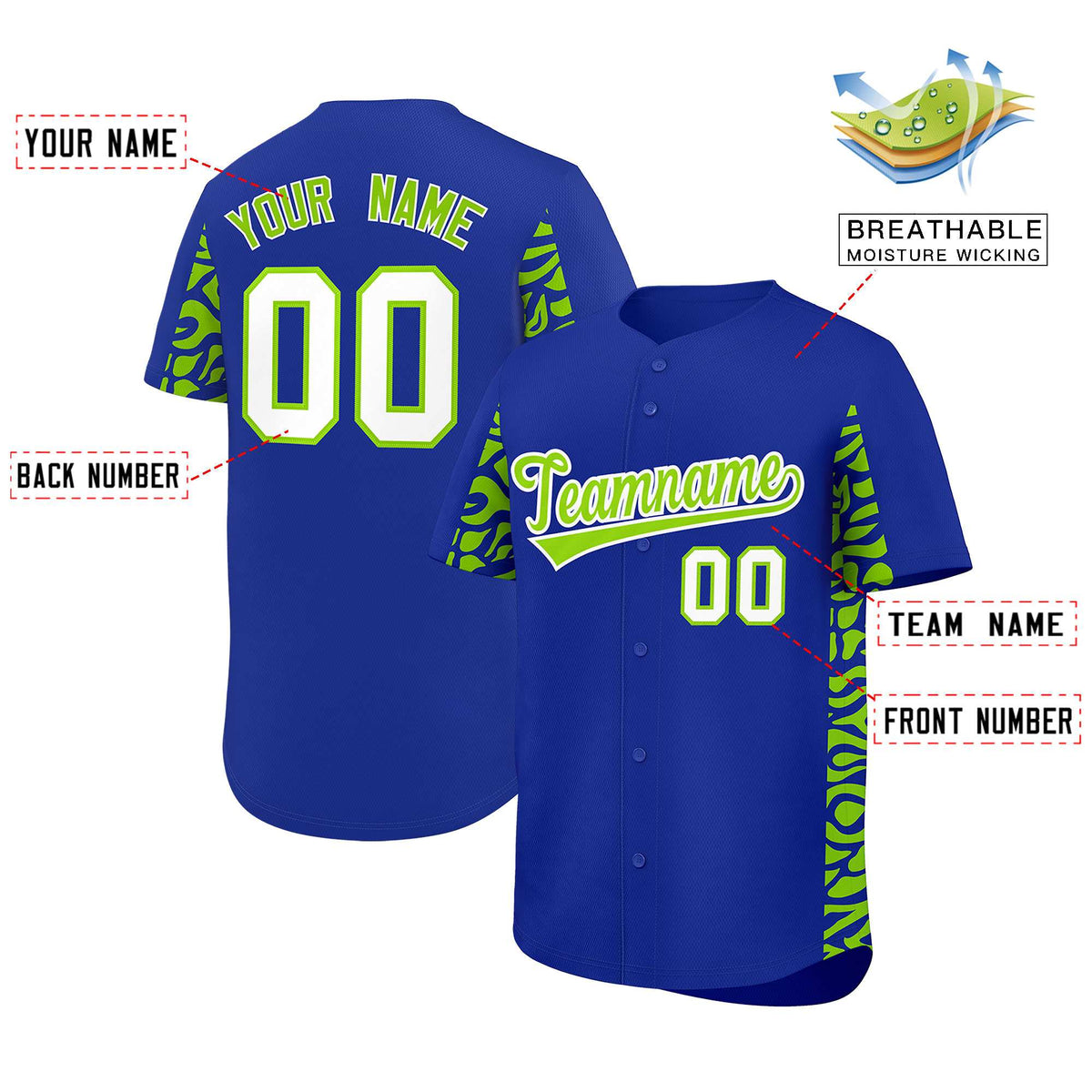 Custom Royal Neon Green Personalized Leopard Graffiti Pattern Side Design Authentic Baseball Jersey Limited