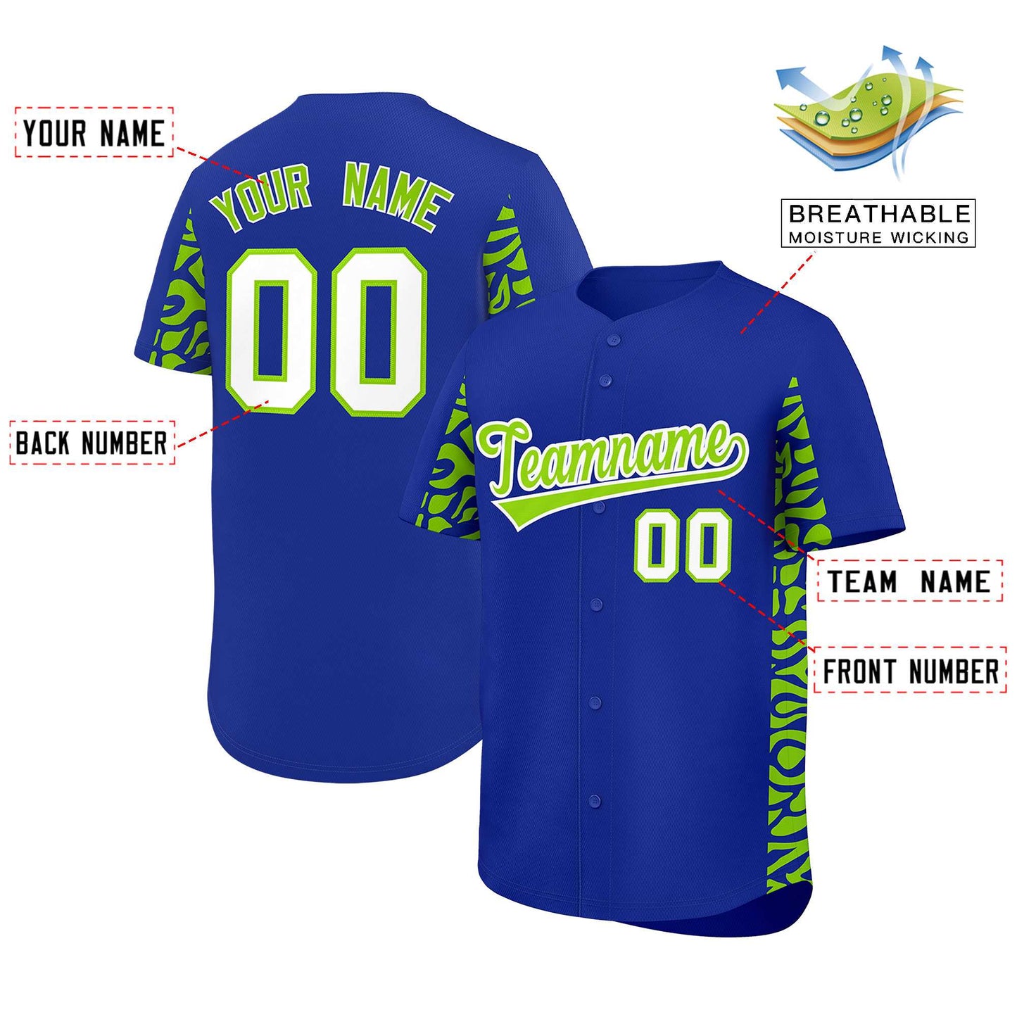 Custom Royal Neon Green Personalized Leopard Graffiti Pattern Side Design Authentic Baseball Jersey Limited