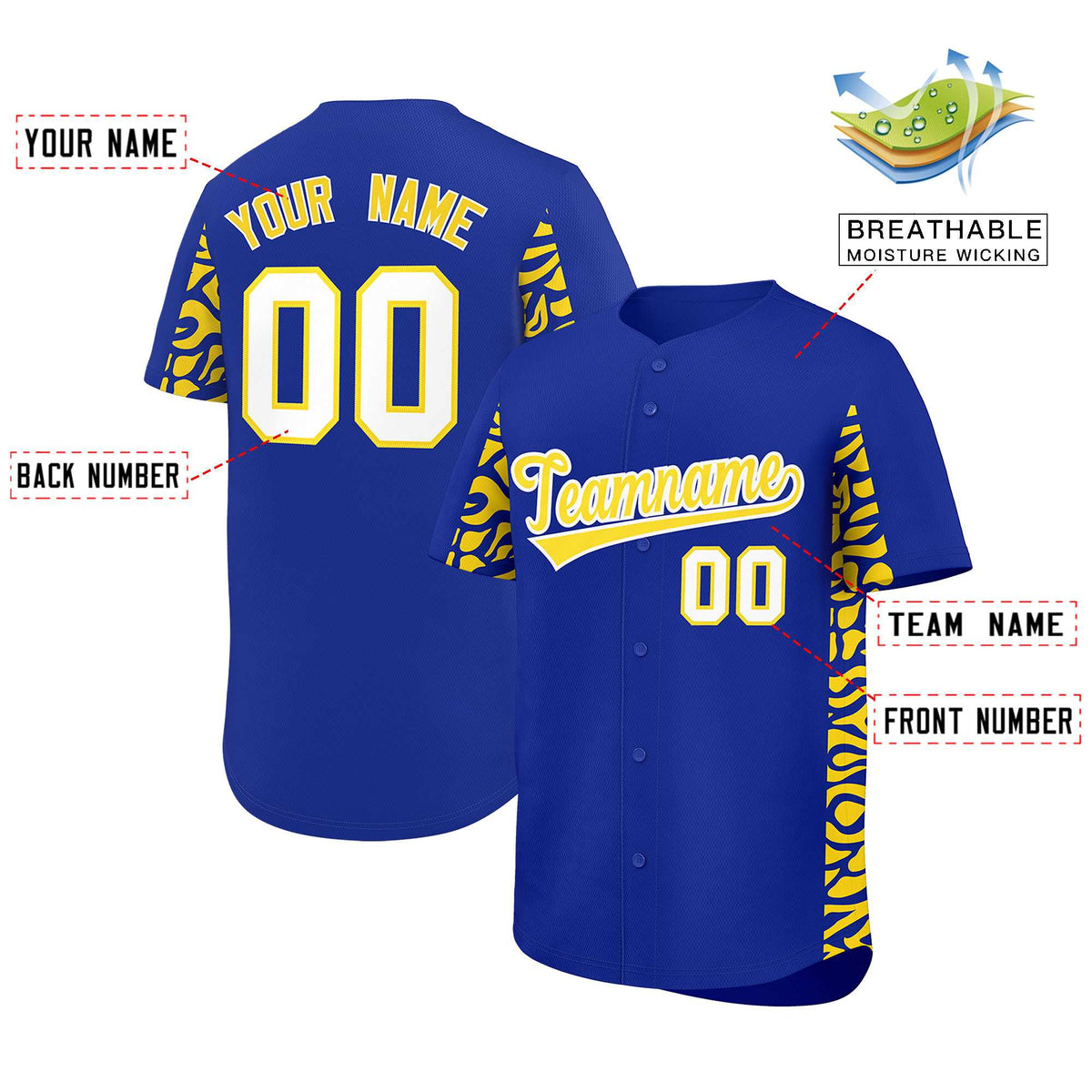 Custom Royal Gold Personalized Leopard Graffiti Pattern Side Design Authentic Baseball Jersey Limited
