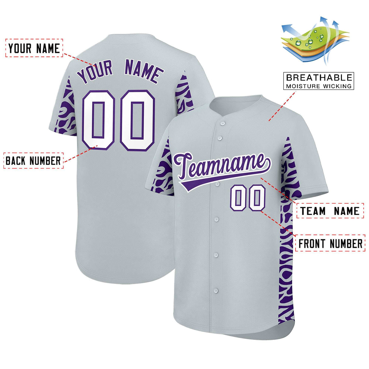 Custom Silver Purple Personalized Leopard Graffiti Pattern Side Design Authentic Baseball Jersey Limited