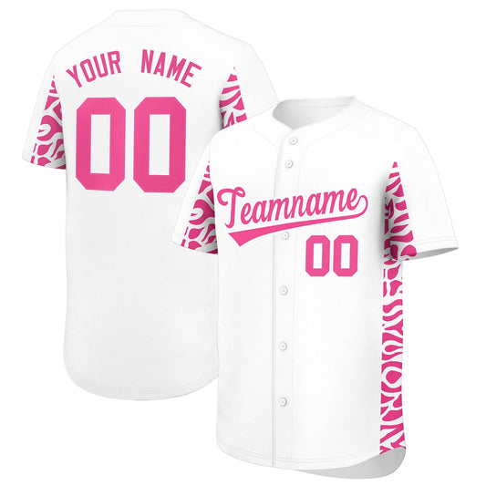 Custom White Pink Personalized Leopard Graffiti Pattern Side Design Authentic Baseball Jersey