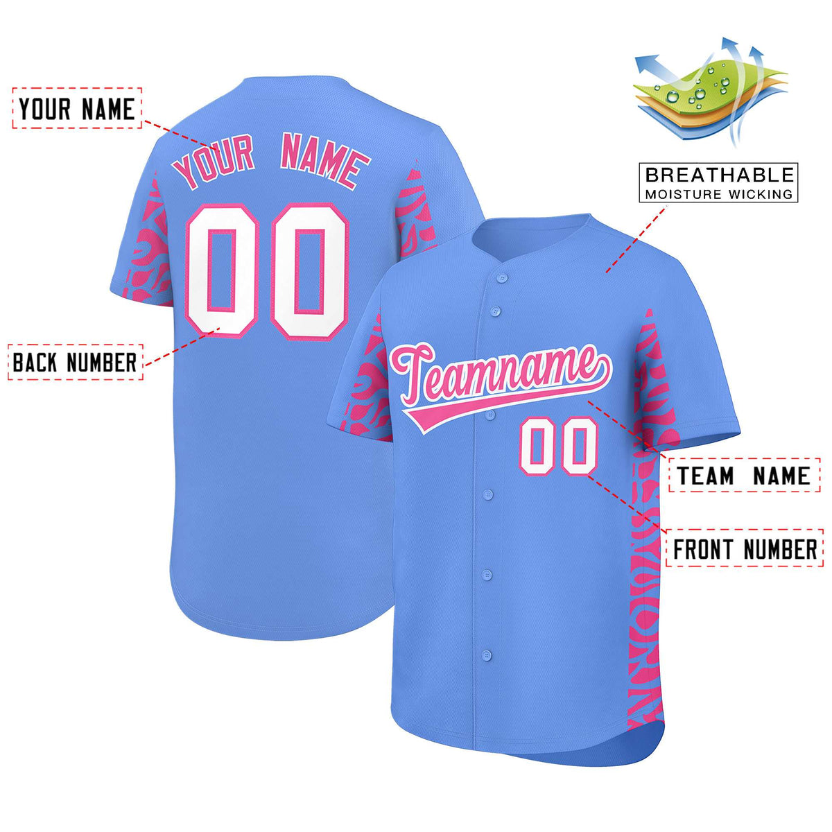 Custom Powder Blue Pink Personalized Leopard Graffiti Pattern Side Design Authentic Baseball Jersey Limited