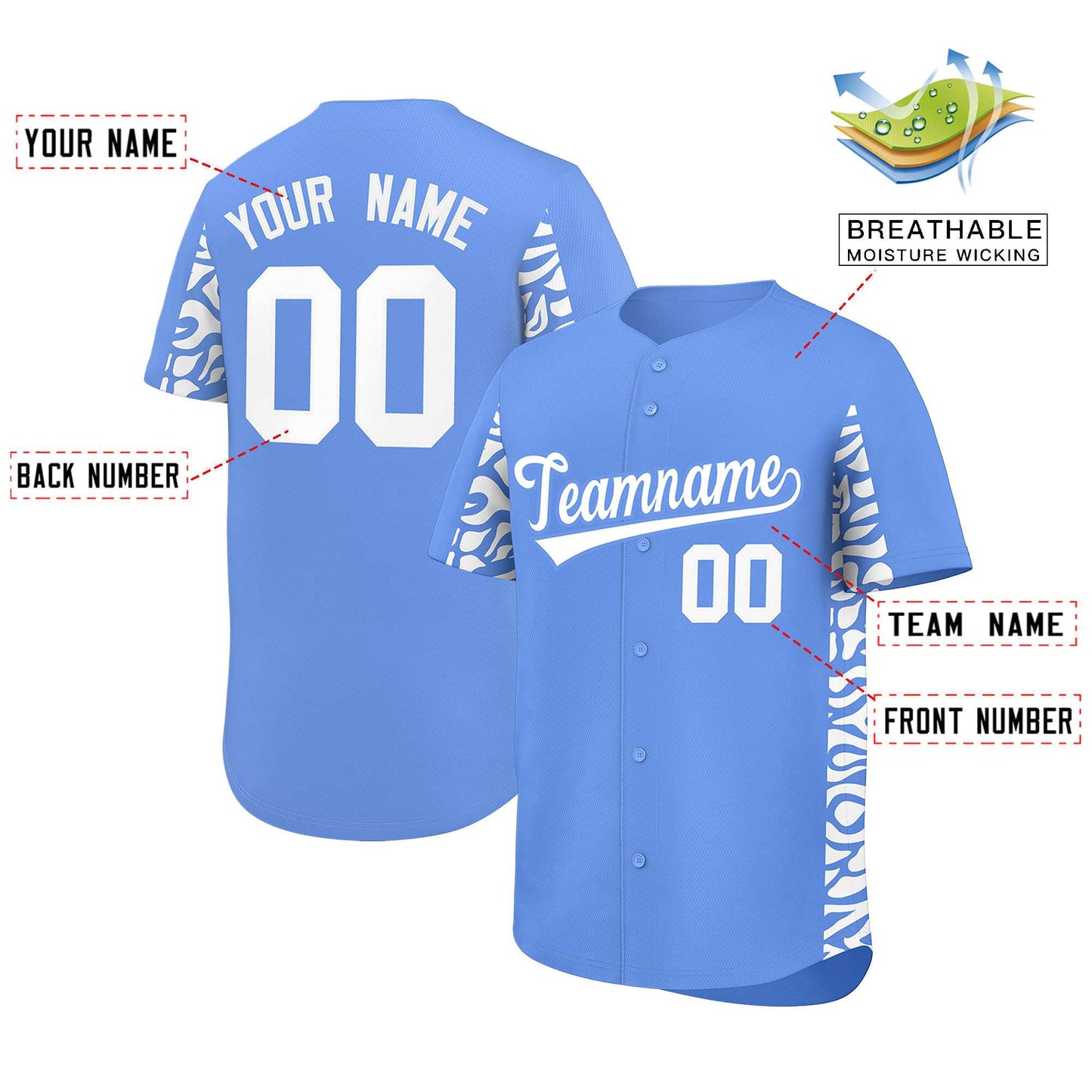 Custom Powder Blue White Personalized Leopard Graffiti Pattern Side Design Authentic Baseball Jersey Limited