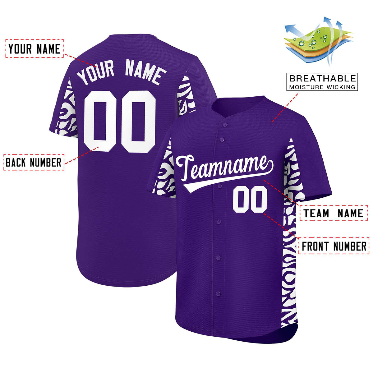 Custom Purple White Personalized Leopard Graffiti Pattern Side Design Authentic Baseball Jersey Limited