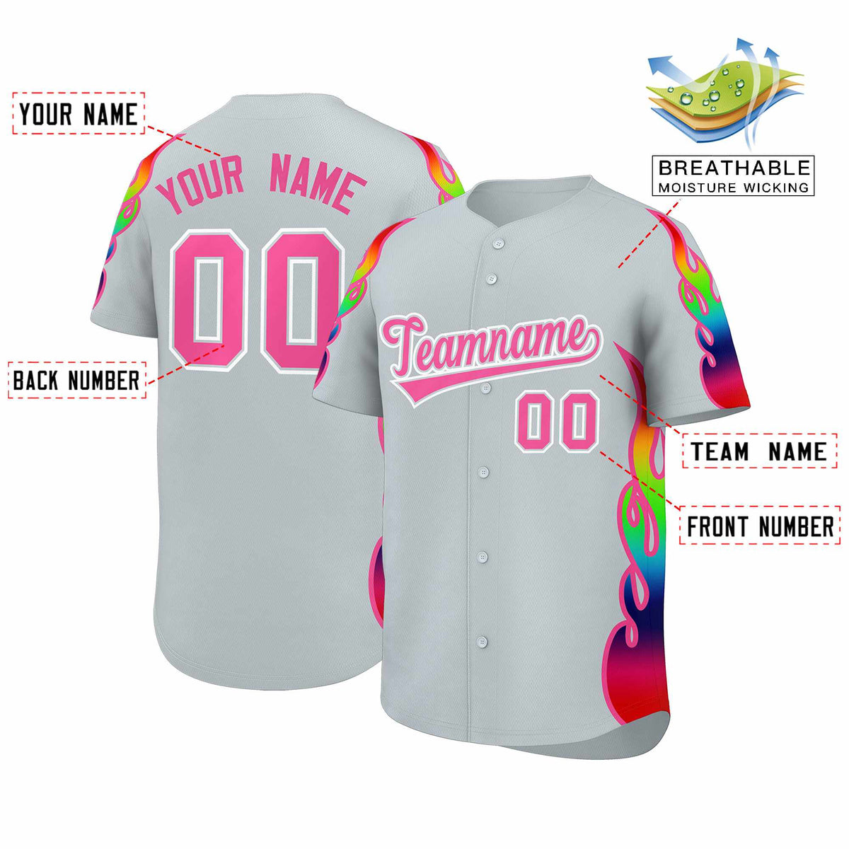 Custom Silver Graffiti Pattern Personalized Multicolored Flames Print Authentic Baseball Jersey Limited