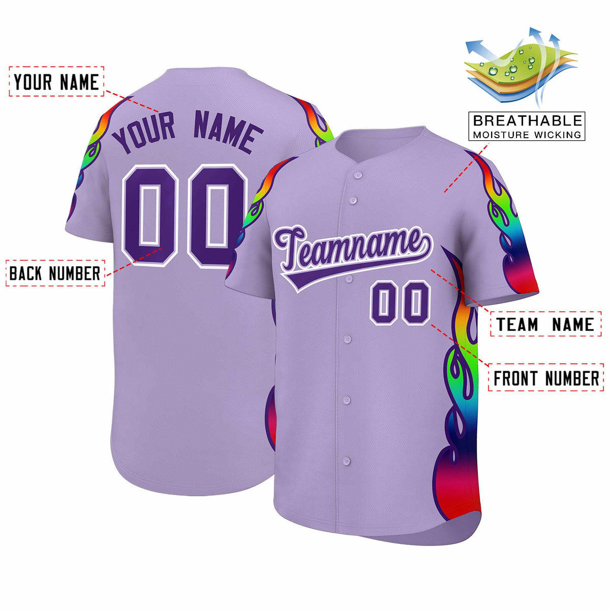 Custom Light Purple Graffiti Pattern Personalized Multicolored Flames Print Authentic Baseball Jersey Limited