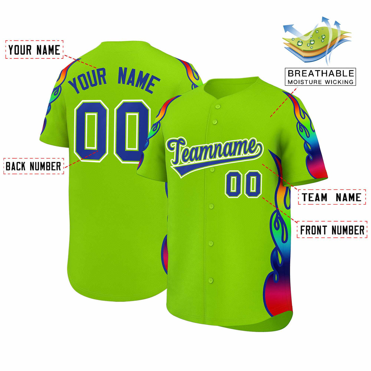 Custom Neon Green Graffiti Pattern Personalized Multicolored Flames Print Authentic Baseball Jersey Limited