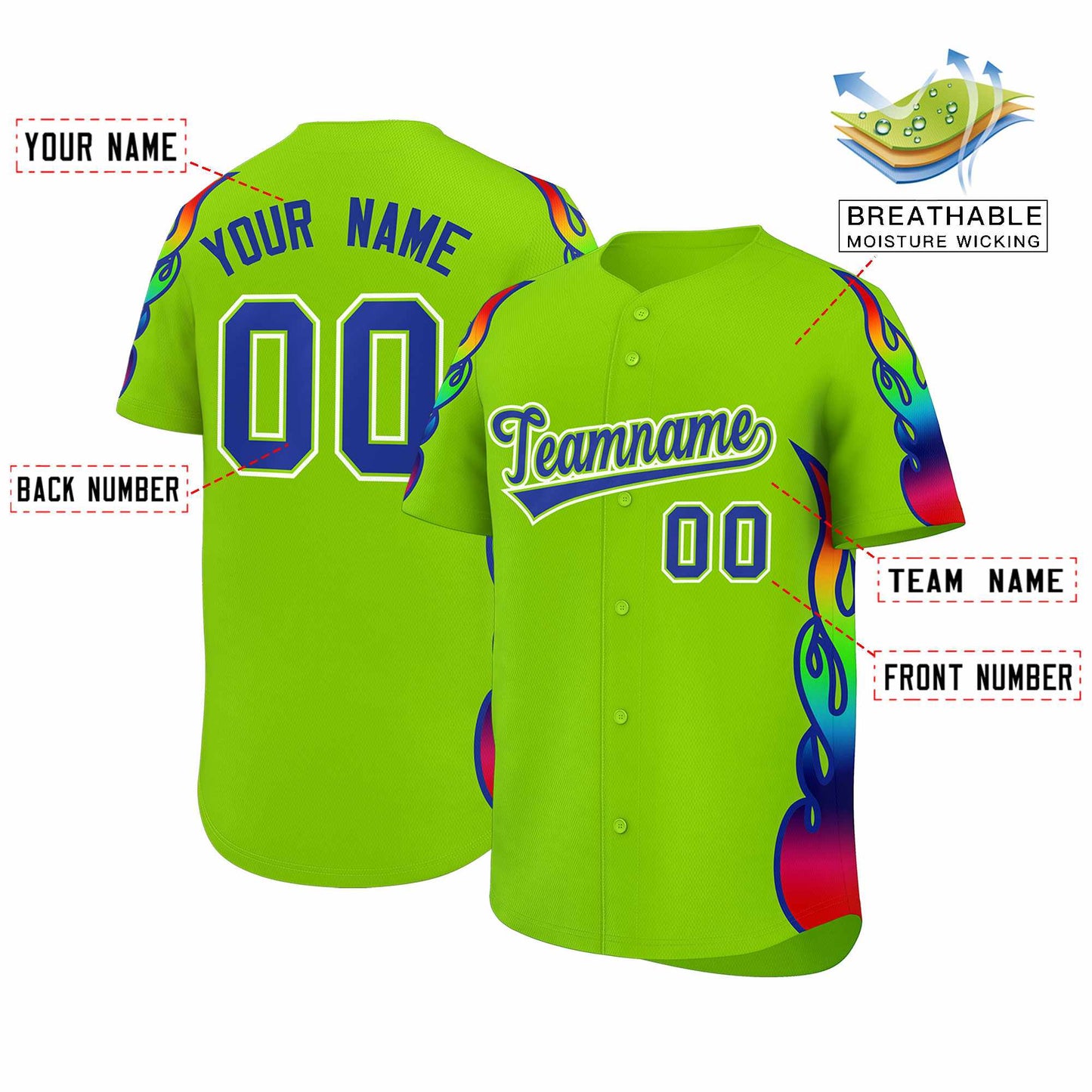 Custom Neon Green Graffiti Pattern Personalized Multicolored Flames Print Authentic Baseball Jersey Limited