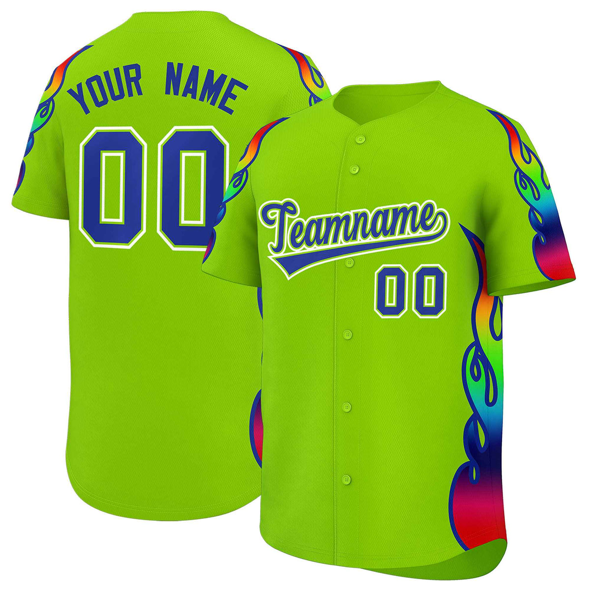 Custom Neon Green Graffiti Pattern Personalized Multicolored Flames Print Authentic Baseball Jersey