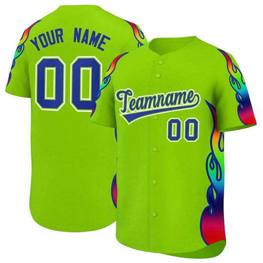 Custom Neon Green Graffiti Pattern Personalized Multicolored Flames Print Authentic Baseball Jersey