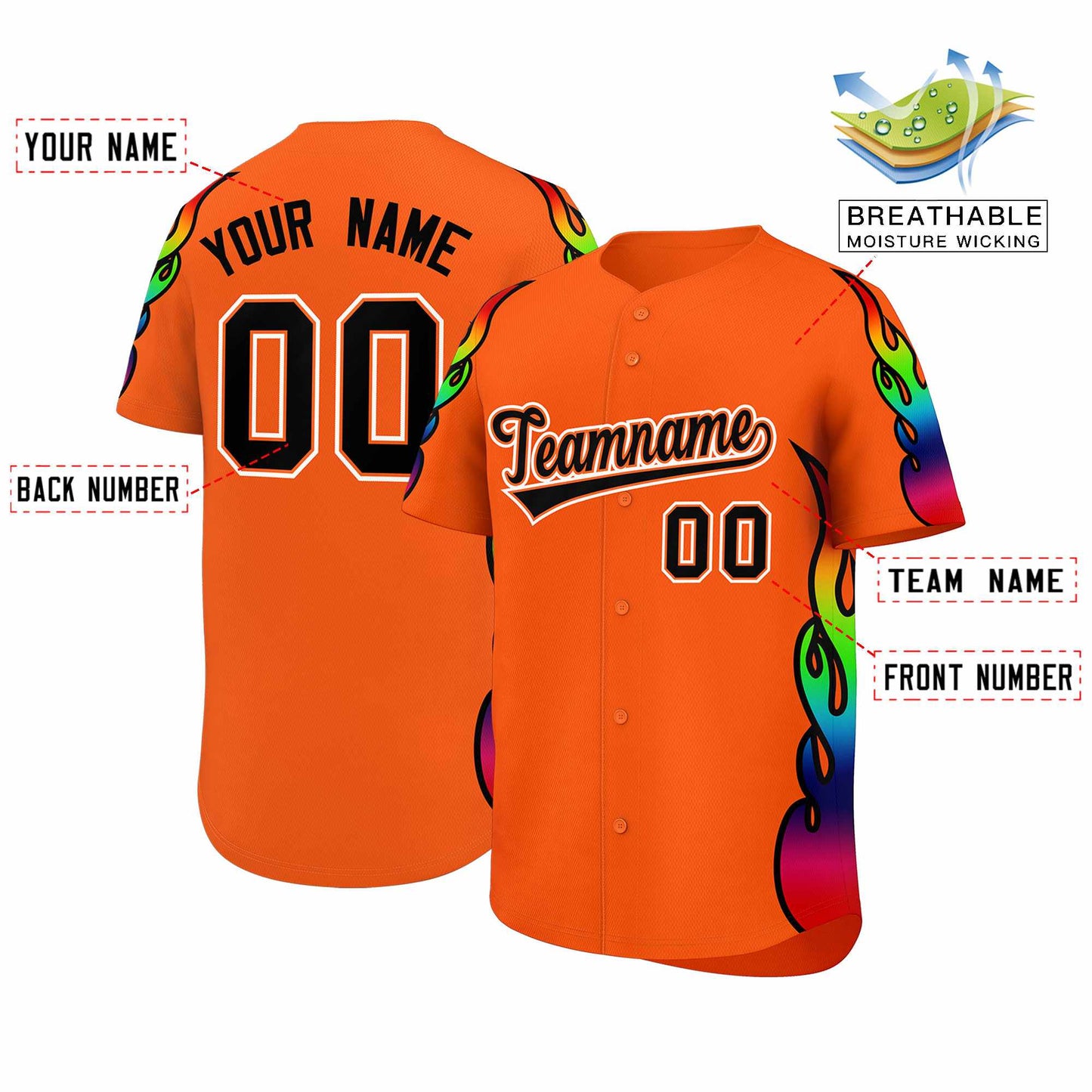 Custom Orange Graffiti Pattern Personalized Multicolored Flames Print Authentic Baseball Jersey Limited