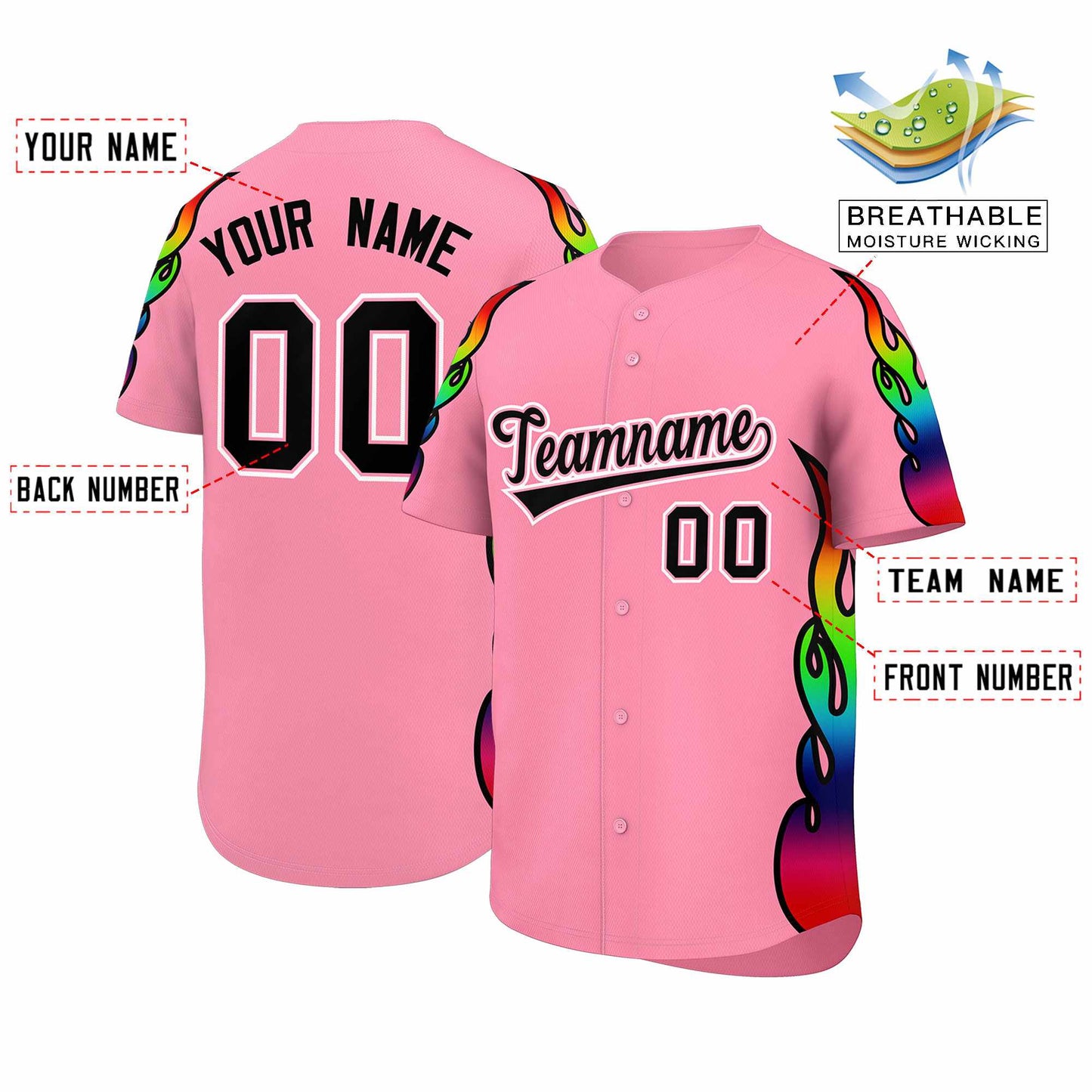 Custom Light Pink Graffiti Pattern Personalized Multicolored Flames Print Authentic Baseball Jersey Limited