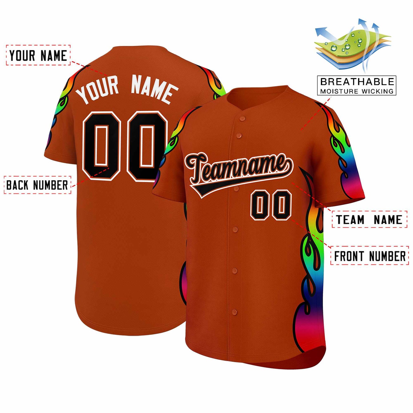 Custom Texas Orange Graffiti Pattern Personalized Multicolored Flames Print Authentic Baseball Jersey Limited