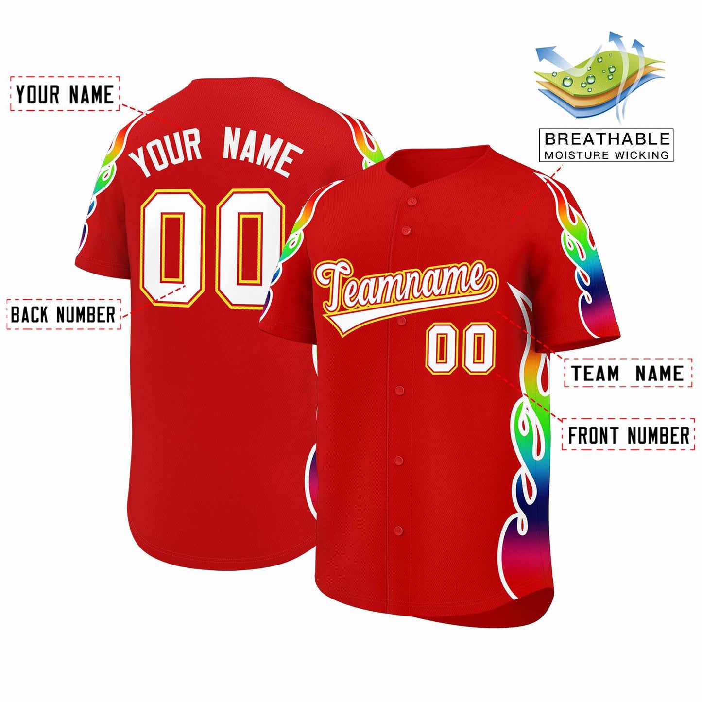 Custom Red Graffiti Pattern Personalized Multicolored Flames Print Authentic Baseball Jersey Limited