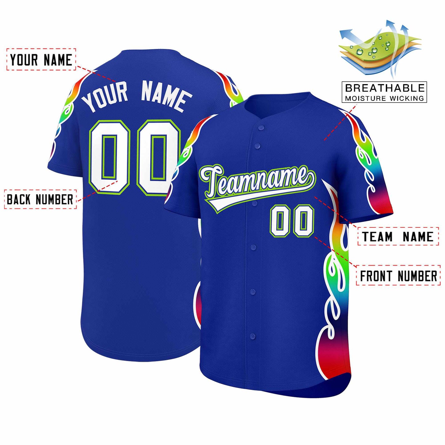 Custom Royal Graffiti Pattern Personalized Multicolored Flames Print Authentic Baseball Jersey Limited