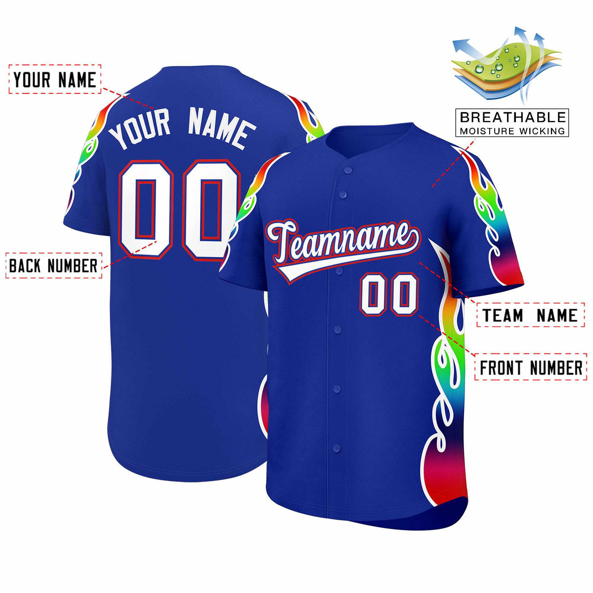 Custom Royal Graffiti Pattern Personalized Multicolored Flames Print Authentic Baseball Jersey Limited
