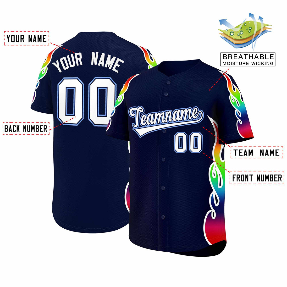 Custom Navy Graffiti Pattern Personalized Multicolored Flames Print Authentic Baseball Jersey Limited