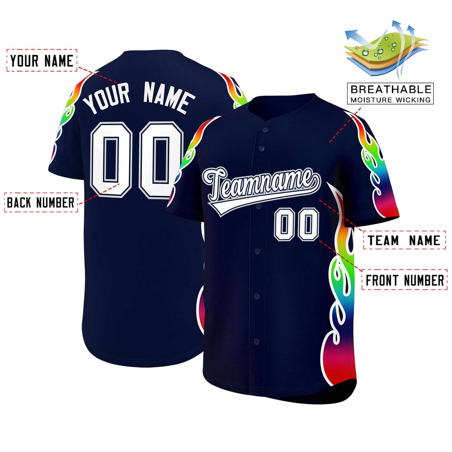 Custom Navy Graffiti Pattern Personalized Multicolored Flames Print Authentic Baseball Jersey Limited
