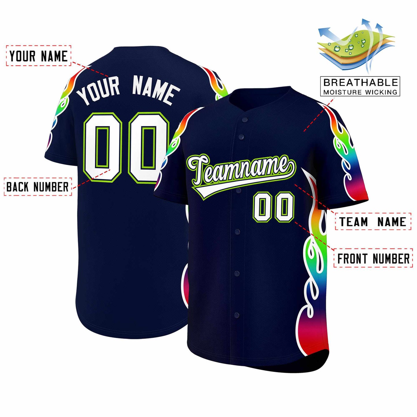 Custom Navy Graffiti Pattern Personalized Multicolored Flames Print Authentic Baseball Jersey Limited
