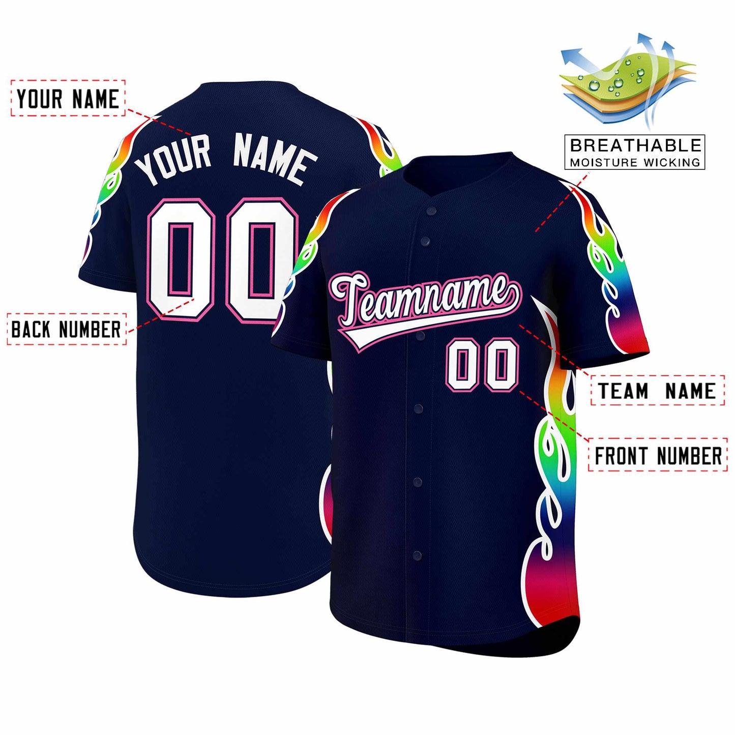 Custom Navy Graffiti Pattern Personalized Multicolored Flames Print Authentic Baseball Jersey Limited