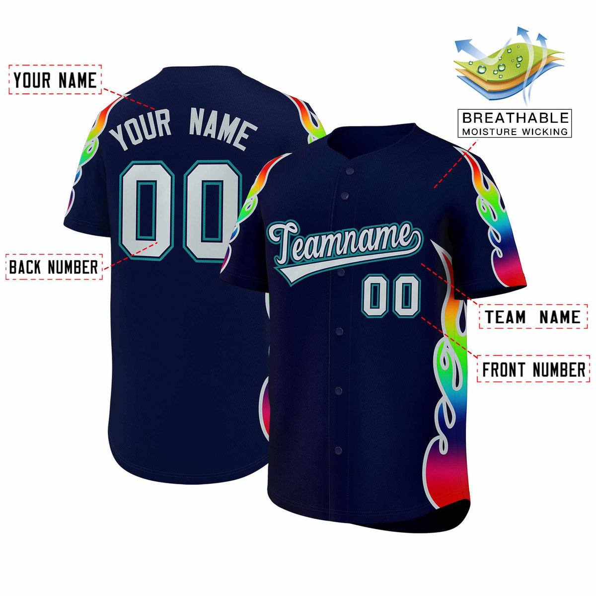 Custom Navy Graffiti Pattern Personalized Multicolored Flames Print Authentic Baseball Jersey Limited