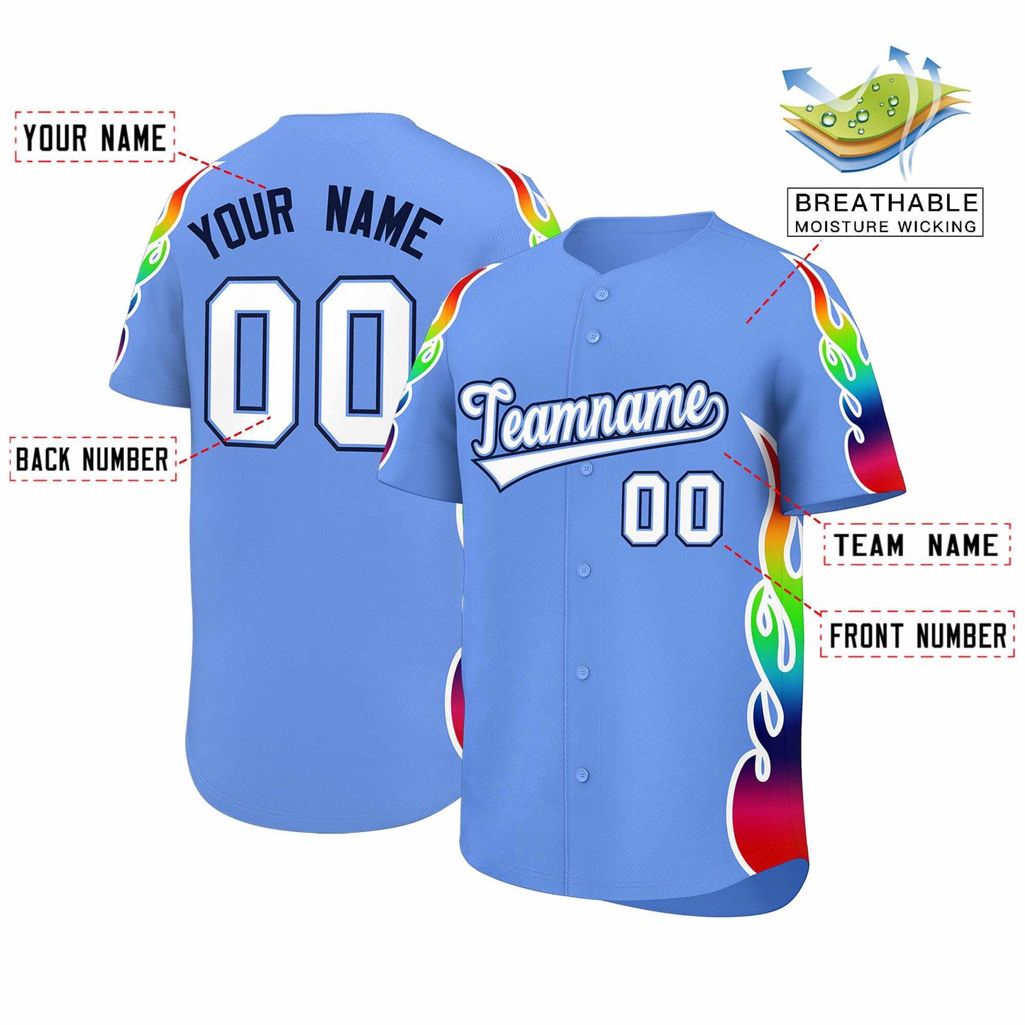 Custom Light Blue Graffiti Pattern Personalized Multicolored Flames Print Authentic Baseball Jersey Limited