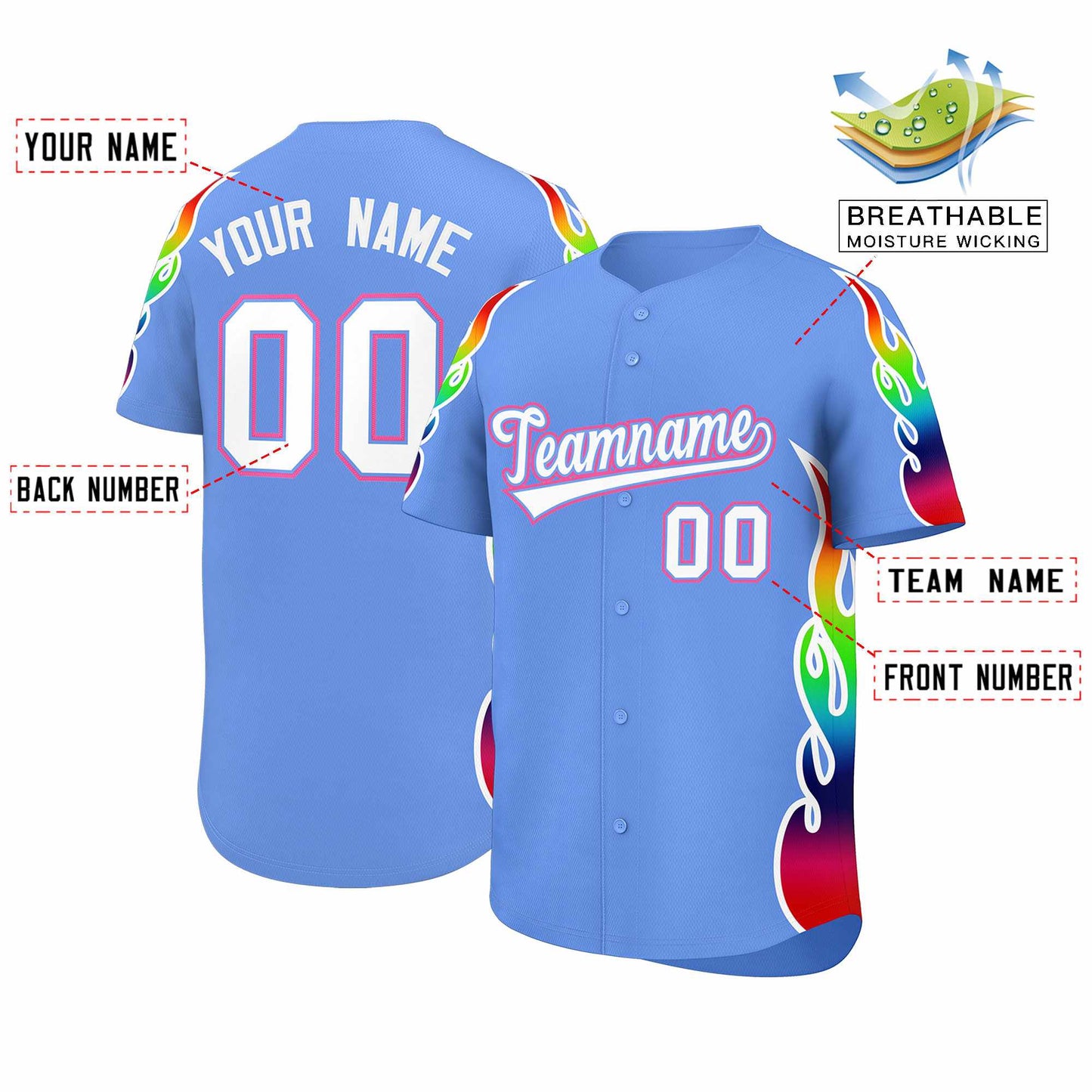 Custom Light Blue Graffiti Pattern Personalized Multicolored Flames Print Authentic Baseball Jersey Limited