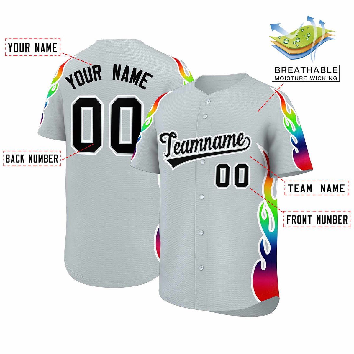Custom Silver Graffiti Pattern Personalized Multicolored Flames Print Authentic Baseball Jersey Limited